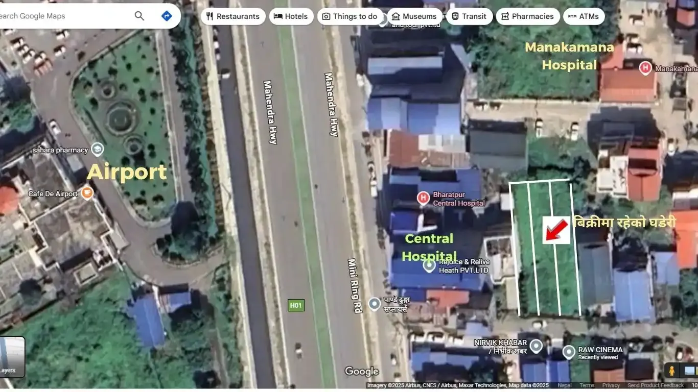 Land for sale in Bharatpur, Airport Road plot, commercial land near Bharatpur Central Hospital, land near Manakamana Hospital, Bharatpur-10 real estate, east-facing land in Nepal, land near Choubish Kothi, Nepal highway land sale, Bharatpur airport land