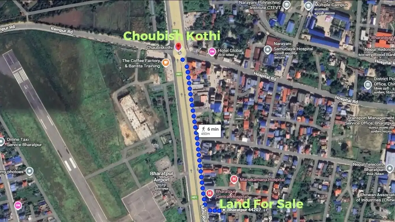 Land for sale in Bharatpur, Airport Road plot, commercial land near Bharatpur Central Hospital, land near Manakamana Hospital, Bharatpur-10 real estate, east-facing land in Nepal, land near Choubish Kothi, Nepal highway land sale, Bharatpur airport land