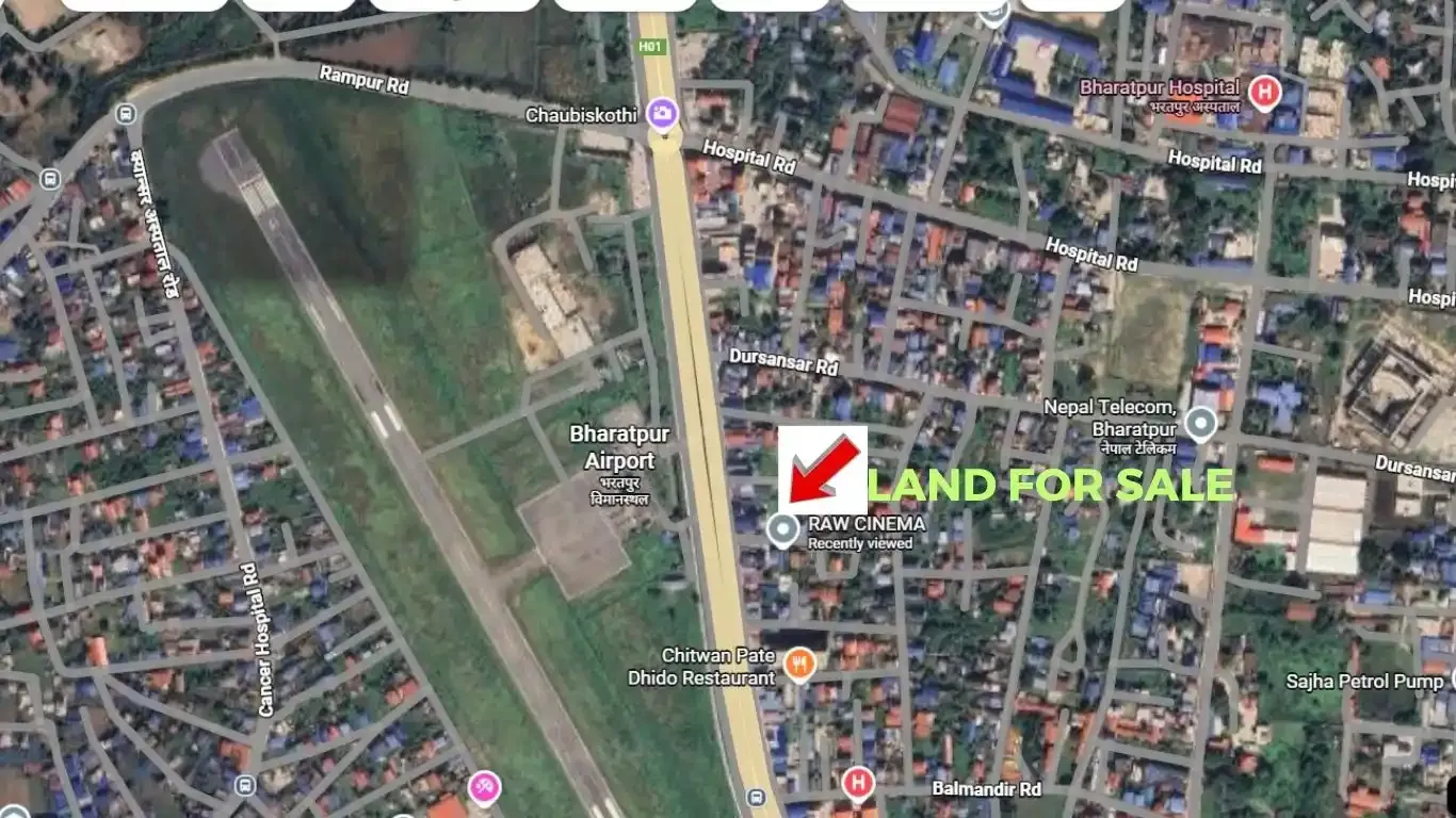 Land for sale in Bharatpur, Airport Road plot, commercial land near Bharatpur Central Hospital, land near Manakamana Hospital, Bharatpur-10 real estate, east-facing land in Nepal, land near Choubish Kothi, Nepal highway land sale, Bharatpur airport land